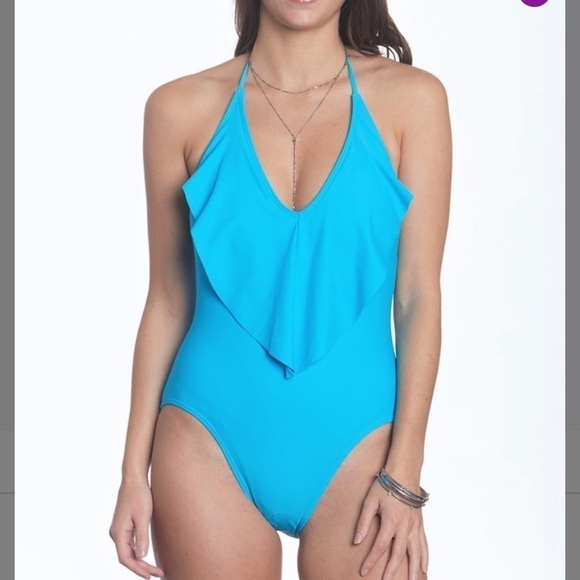 New with Tags Turquoise Ruffle Halter one piece - Picture 4 of 8